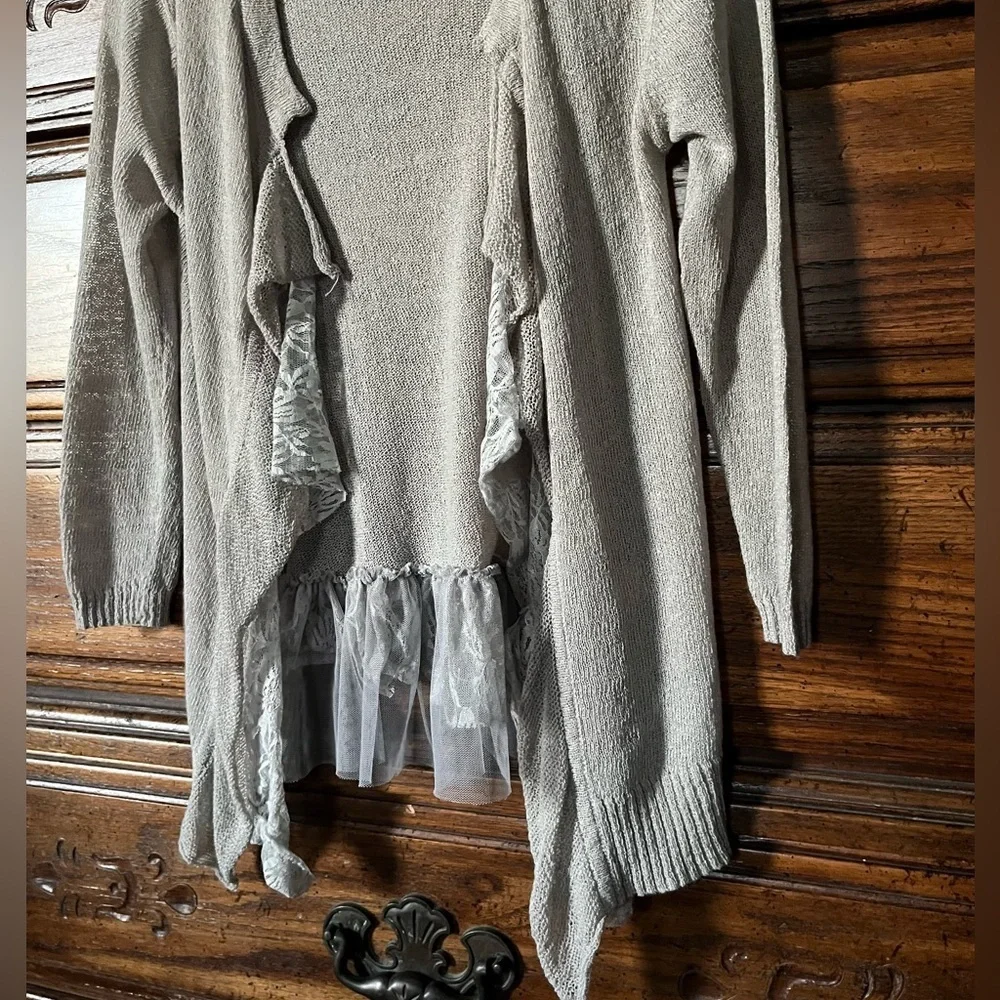 A'Reve Light Gray Ruffle and Lace Cardigan - Picture 2 of 9
